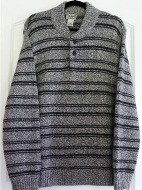 L.L.Bean 100% Lambswool Shawl Collar Fisherman Sweater Gray Stripe M